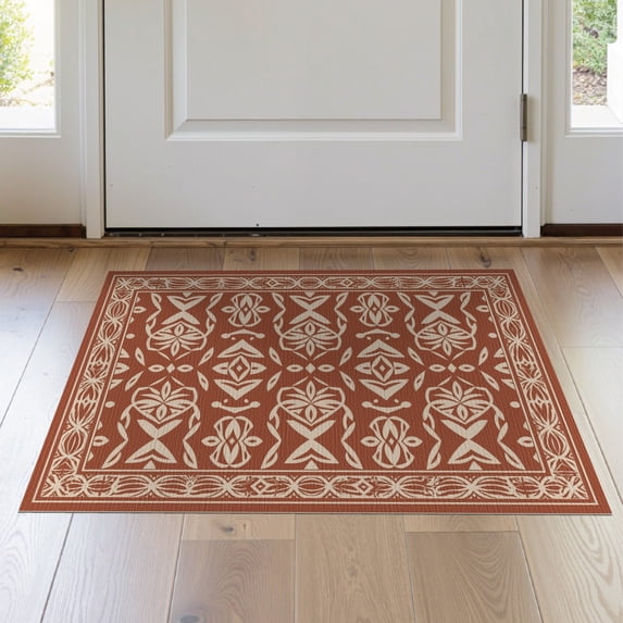 ODIKA 2'x3' Ivory Amber Aviary Medallion Geometric Washable Doormat Traditional Symmetrical Pattern with Ornate Floral Non-Slip, Low Pile for Entryway, Kitchen, Laundry Room