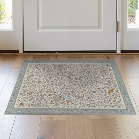 ODIKA 2'x3' Ivory Blue Ornate Floral Washable Throw Rug Swirling Vines With Intricate Motifs And Detailed Border Non-Slip, Low Profile, Flatwoven, Easy Care for Hallway, Study Room