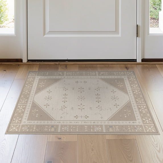 ODIKA 2'x3' Ivory Brown Geometric Floral Design Washable Throw Rug Intricate Pattern with Classic Borders Non-Slip, Low Profile, Flatwoven, Easy Care for Hallway, Study Room