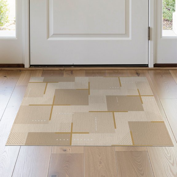 ODIKA 2'x3' Khaki Beige Geometric Grid Design Washable Doormat Modern Handwoven Style with Subtle Patterns for Entryway, Kitchen, Laundry Room, Non-Slip, Low Pile