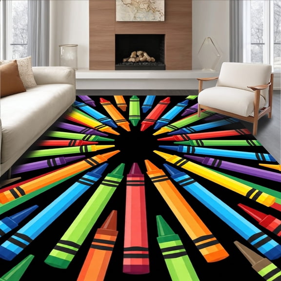 ODIKA 2'x3' Machine Washable Non-Slip Area Rug, Educational Crayon Art Classroom Floor High Traffic Rug, Multicolor Black, 816212