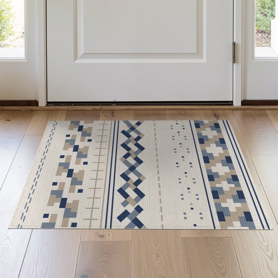 ODIKA 2'x3' Navy Beige Geometric Handwoven Design Washable Doormat Modern Stripes with Intricate Patterns Non-Slip, Low Pile for Entryway, Kitchen, Laundry Room