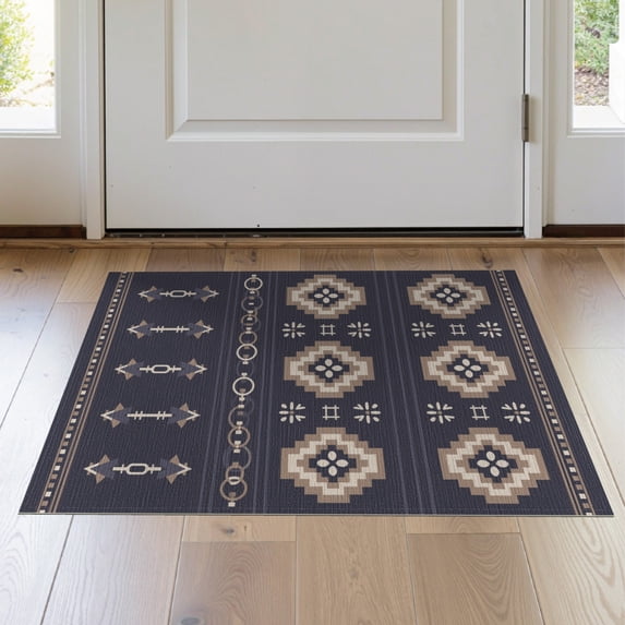ODIKA 2'x3' Navy Beige Southwestern Diamond Medallion Washable Doormat Geometric Motifs with Interlocking Chain for Entryway, Kitchen, Laundry Room, Non-Slip, Low Pile