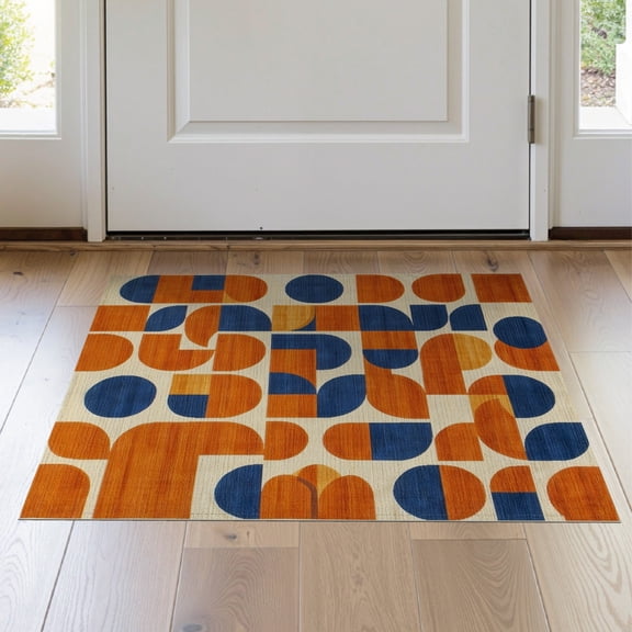 ODIKA 2'x3' Navy Blue Burnt Orange Abstract Geometric Washable Accent Rug Retro Interlocking Shapes Modern Grid Layout Bold Contrast for Bedroom, Nursery, RV, Pet Friendly, Bedside Mat