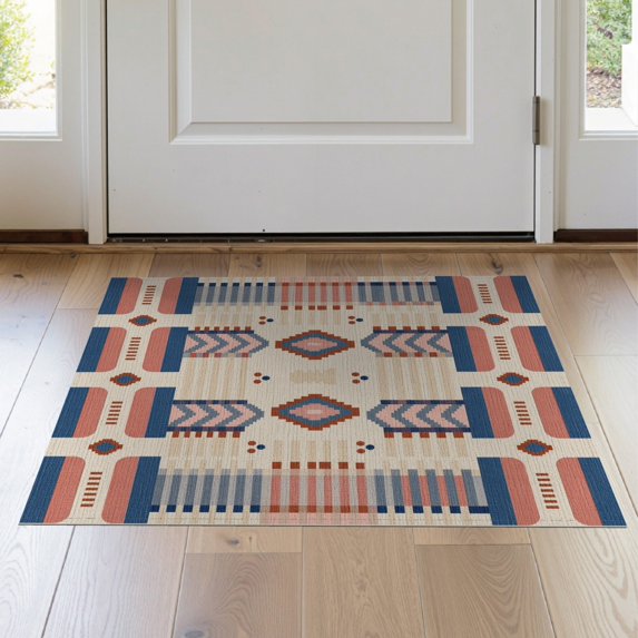 ODIKA 2'x3' Navy Blue Coral Pink Geometric Washable Doormat Authentic Diamond Motifs With Striped Border Non-Slip, Low Pile for Entryway, Kitchen, Laundry Room
