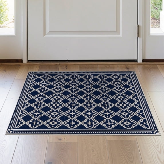 ODIKA 2'x3' Navy Blue Geometric Trellis Diamond Motif Washable Accent Rug Intricate Quatrefoil Lattice Framework With Ornate Star Cross Pet Friendly, Bedside Mat for Bedroom, Nursery, RV