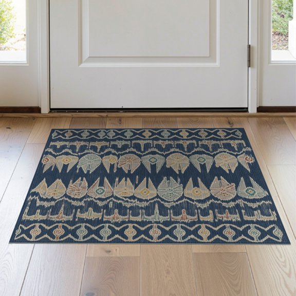 ODIKA 2'x3' Navy Blue Ikat Geometric Washable Accent Rug Traditional Style Diamond Motifs With Intricate Border Design for Bedroom, Nursery, RV, Pet Friendly, Kids Safe, Bedside Mat