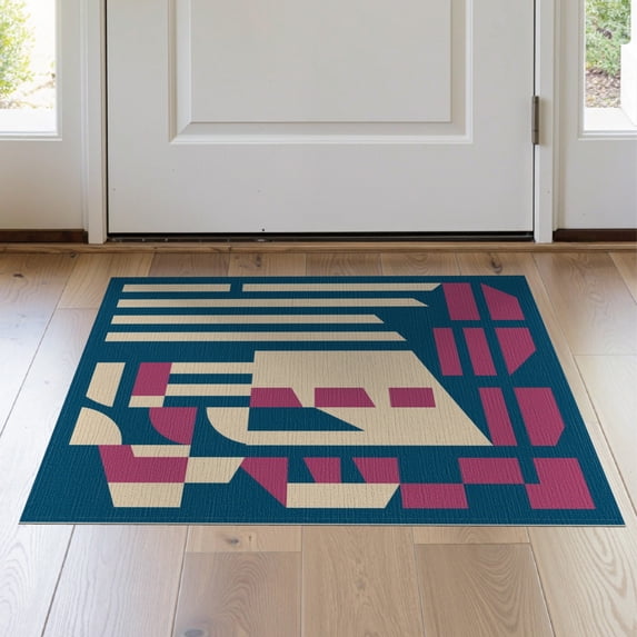 ODIKA 2'x3' Navy Blue Pink Cream Geometric Abstract Washable Accent Rug Modern Architectural Blocks Stripes Curved Mid Century Style for Bedroom, Nursery, RV, Pet Friendly, Bedside Mat