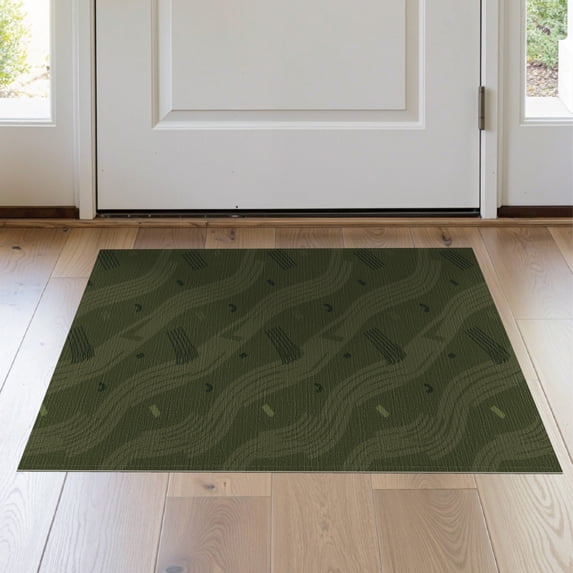 ODIKA 2'x3' Olive Green Deep Geometric Waves Washable Doormat Modern Abstract Lines with Subtle Shapes for Entryway, Kitchen, Laundry Room, Non-Slip, Low Pile
