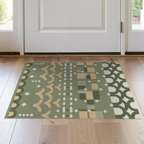ODIKA 2'x3' Olive Green Geometric Boho Design Washable Doormat Eclectic Modern Pattern with Abstract Shapes Non-Slip, Low Pile for Entryway, Kitchen, Laundry Room