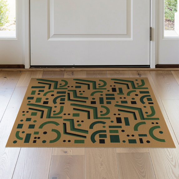 ODIKA 2'x3' Olive Green Modern Geometric Grain Sack Washable Doormat Contemporary Abstract Angular With Interlocking Shapes And Scattered Dots Non-Slip, Low Pile for Entryway, Kitchen, Laundry Room