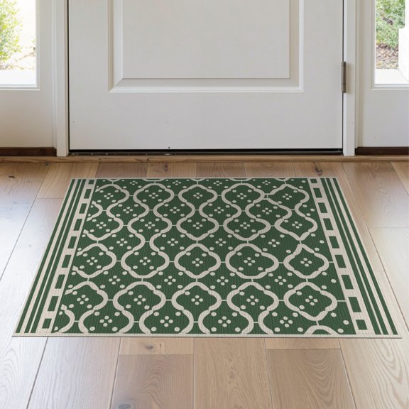 ODIKA 2'x3' Olive Green Trellis Quatrefoil Design Washable Throw Rug Interlocking Geometric Medallion Motifs With Dotted Accents Non-Slip, Low Profile, Flatwoven, Easy Care for Hallway, Study Room