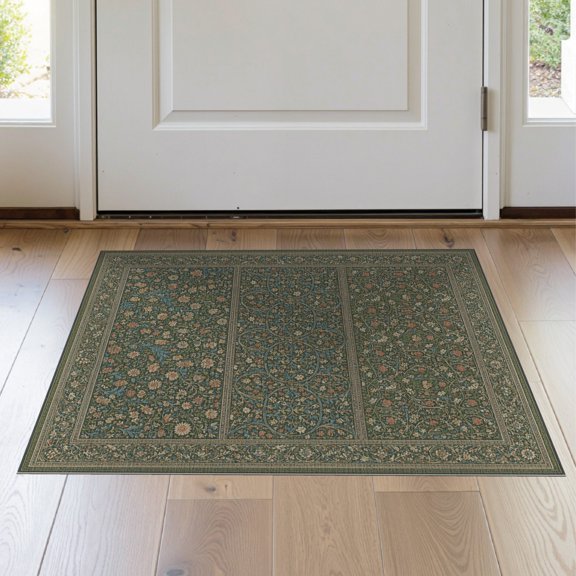 ODIKA 2'x3' Olive Green Victorian Botanical Floral Washable Accent Rug Intricate Multi Panel Layout With Geometric Medallions Scrolling Vines Pet Friendly, Bedside Mat for Bedroom, Nursery, RV