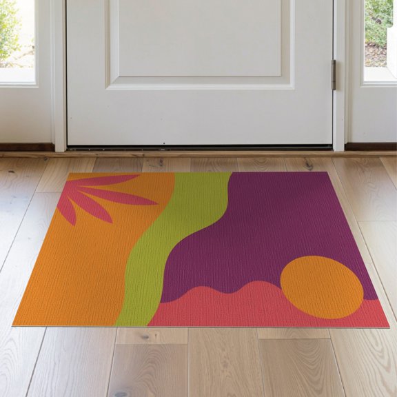 ODIKA 2'x3' Orange Vibrant Sunset Design with Plum Washable Doormat Modern Abstract Artistic Expression for Entryway, Kitchen, Laundry Room, Non-Slip, Low Pile