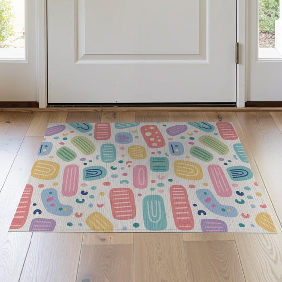 ODIKA 2'x3' Pastel Multicolor Abstract Geometric Washable Throw Rug Modern Playful Rounded Rectangle Shapes With Dots Circles And Non-Slip, Low Profile, Flatwoven, Easy Care for Hallway, Study Room