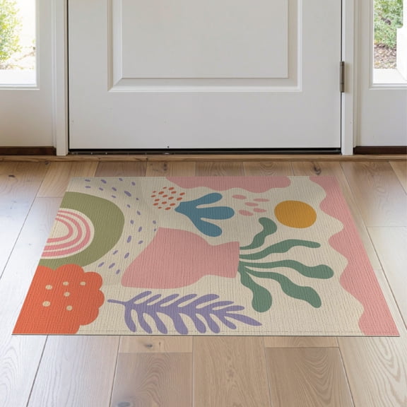 ODIKA 2'x3' Pastel Multicolor Evening Terrace Vibes Washable Doormat Abstract Shapes with Playful Modern Design Non-Slip, Low Pile for Entryway, Kitchen, Laundry Room