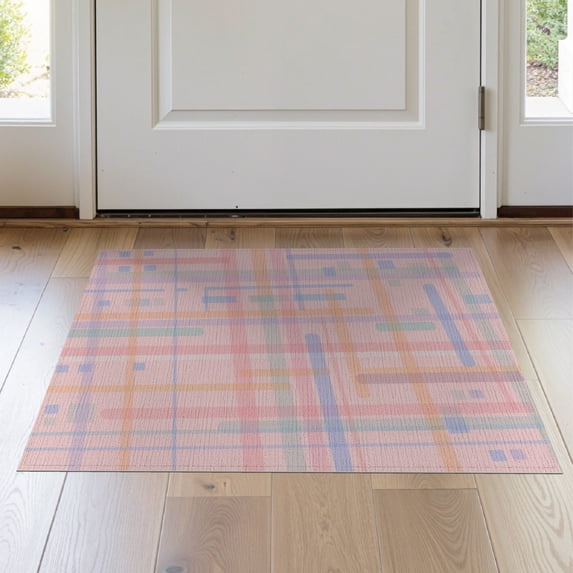 ODIKA 2'x3' Pastel Pink Geometric Cora Multicolor Washable Doormat Modern Abstract Design With Lines And Shapes Ornamental for Entryway, Kitchen, Laundry Room, Non-Slip, Low Pile