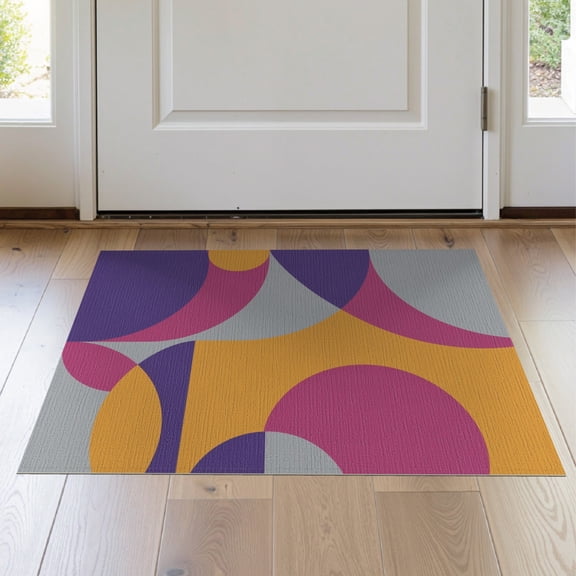 ODIKA 2'x3' Purple Yellow Retro Waves and Curves Washable Throw Rug Inspired by 80s 90s VHS Aesthetic Patterns for Hallway, Study Room, Non-Slip Low Profile, Flatwoven