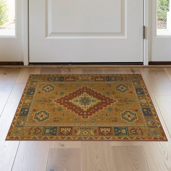 ODIKA 2'x3' Red Gold Antique Persian Design Washable Accent Rug Intricate Geometric Patterns with Classic Charm Pet Friendly, Bedside Mat for Bedroom, Nursery, RV