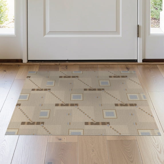 ODIKA 2'x3' Tan Beige Geometric Modern Design Washable Doormat Contemporary Abstract Pattern with Squares for Entryway, Kitchen, Laundry Room, Non-Slip, Low Pile