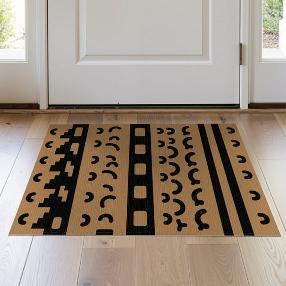 ODIKA 2'x3' Tan With Black Geometric Stripes Washable Throw Rug Playful Abstract Design Curved Motifs And Horizontal Band Non-Slip, Low Profile, Flatwoven, Easy Care for Hallway, Study Room