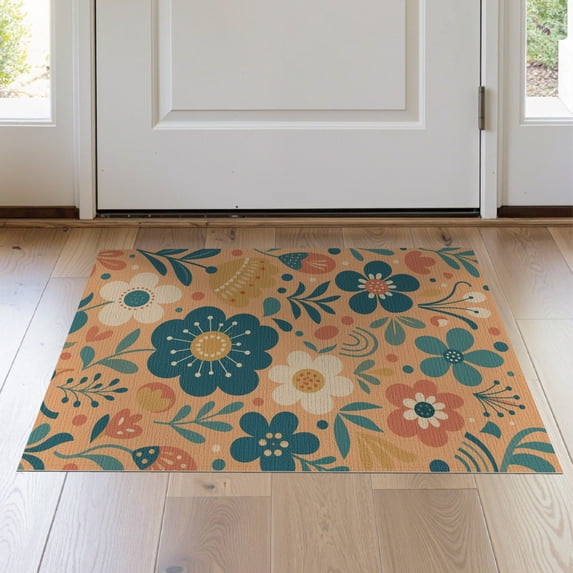 ODIKA 2'x3' Teal Blue Retro Floral Delight Washable Accent Rug Charming 70s Inspired Garden Pattern Design for Bedroom, Nursery, RV, Pet Friendly, Bedside Mat