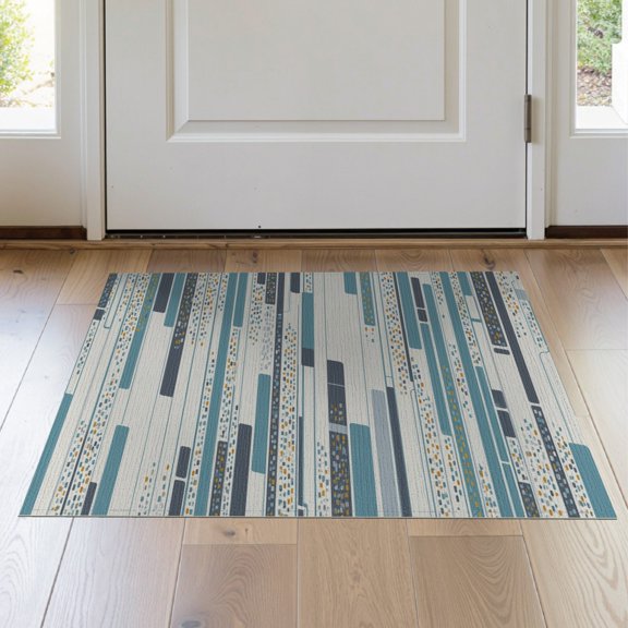 ODIKA 2'x3' Teal Gray Modern Horizontal Striped Washable Doormat Contemporary Geometric Design with Dotted Non-Slip, Low Pile for Entryway, Kitchen, Laundry Room