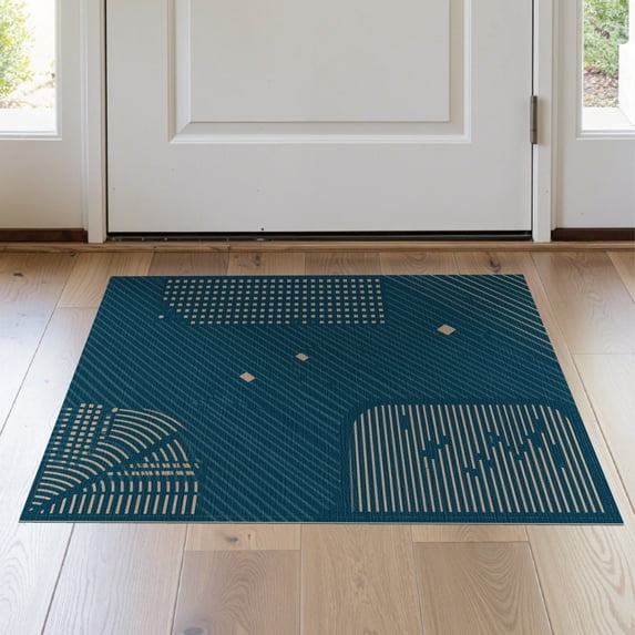 ODIKA 2'x3' Teal Oasis Geometric Contemporary Washable Accent Rug Modern Abstract Striped Diagonal Grid Motif Decorative Floor Covering for Bedroom, Nursery, RV, Pet Friendly, Bedside Mat