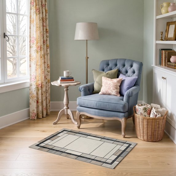 ODIKA 2'x3' Ultra-Soft Accent Mat, Abstract Linework Grid Minimalist Interlocking Block Motif Brushstroke None Washable, Bare feet friendly, Easy Care Indoor rug for Bedside, Footrest