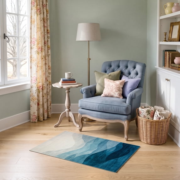 ODIKA 2'x3' Ultra-Soft Accent Mat, Abstract Modern Minimalist Current Motif With Watercolor Wash None Washable, Bare feet friendly, Easy Care Indoor rug for Bedside, Footrest