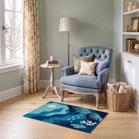 ODIKA 2'x3' Ultra-Soft Accent Mat, Blue Deep Oceanic Seascape Artistic Design Elegant Waves and Marine Life Accent Washable, Bare feet friendly, Easy Care Indoor rug for Bedside, Footrest