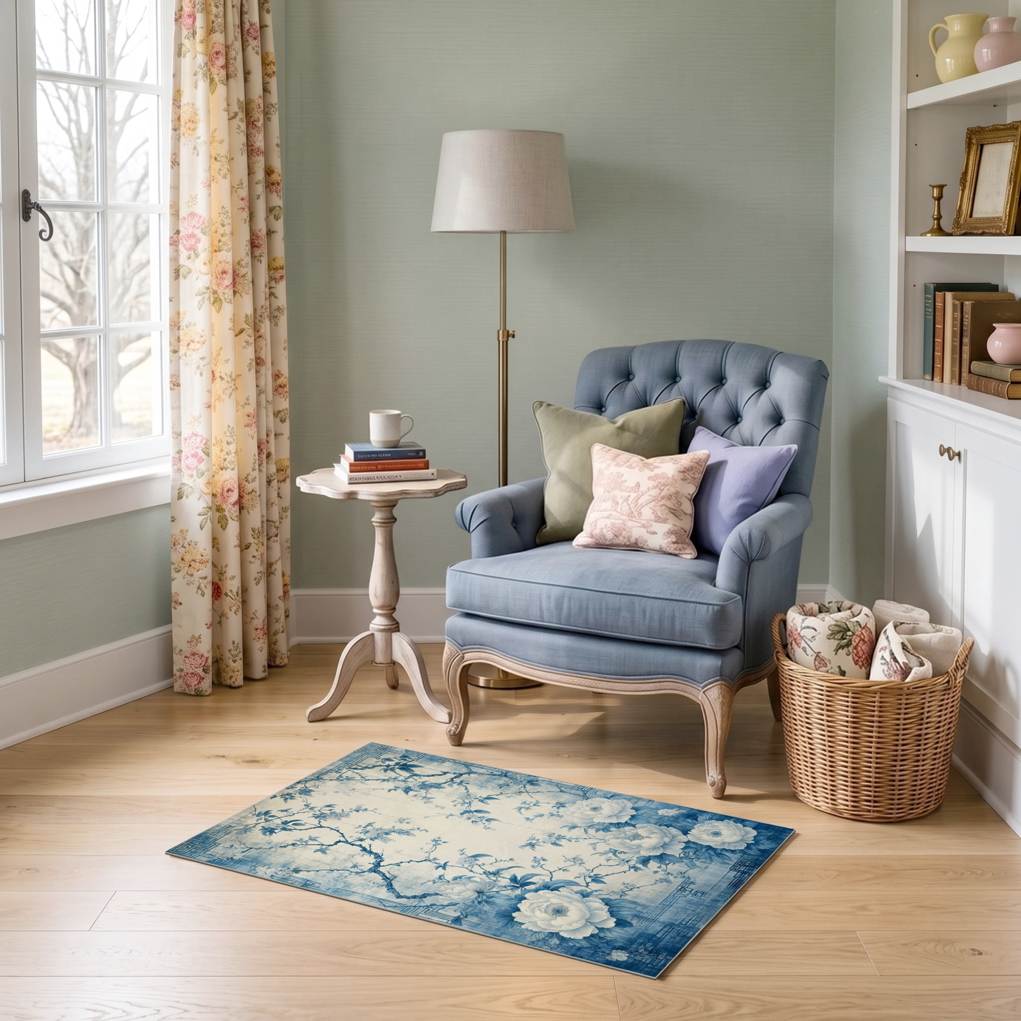 ODIKA 2'x3' Ultra-Soft Accent Mat, Blue Ivory Chinoiserie Faded ...