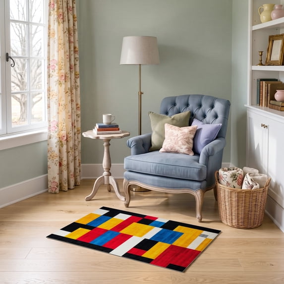 ODIKA 2'x3' Ultra-Soft Accent Mat, Composition Abstract Geometric Modernist Primary Block Yellow None Washable, Bare feet friendly, Easy Care Indoor rug for Bedside, Footrest
