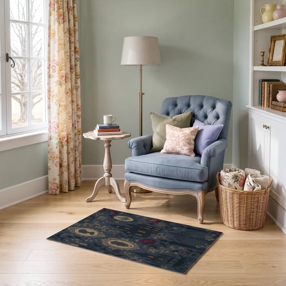 ODIKA 2'x3' Ultra-Soft Accent Mat, Dark Blue Gold Victorian Elegance Gothic with Floral Accents Washable, Bare feet friendly, Easy Care Indoor rug for Bedside, Footrest