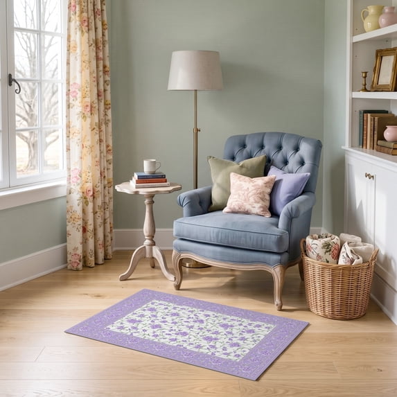 ODIKA 2'x3' Ultra-Soft Accent Mat, Delicate Lavender Blossom Scattered Botanical Round With Border None Washable, Bare feet friendly, Easy Care Indoor rug for Bedside, Footrest