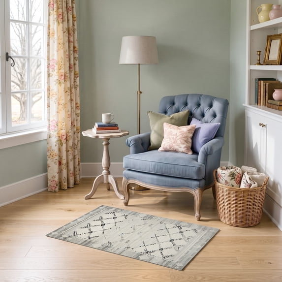 ODIKA 2'x3' Ultra-Soft Accent Mat, Extra Abstract Large Geometric Minimalist Border Neutral Grey None Washable, Bare feet friendly, Easy Care Indoor rug for Bedside, Footrest