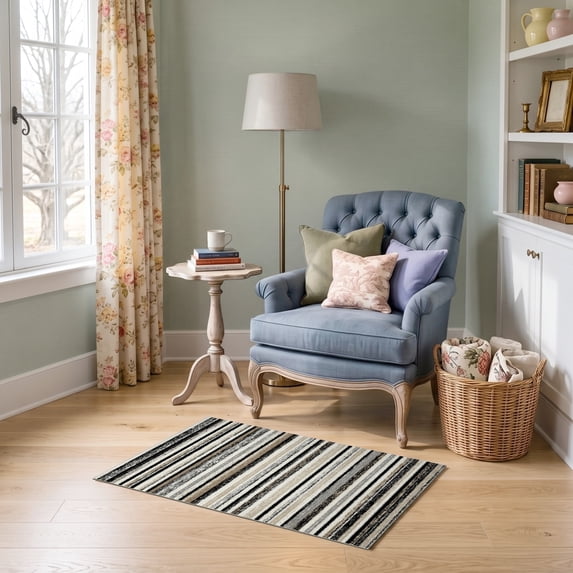 ODIKA 2'x3' Ultra-Soft Accent Mat, Under Faded Stripe Horizontal Striped Varied Width Band Doormat None Washable, Bare feet friendly, Easy Care Indoor rug for Bedside, Footrest