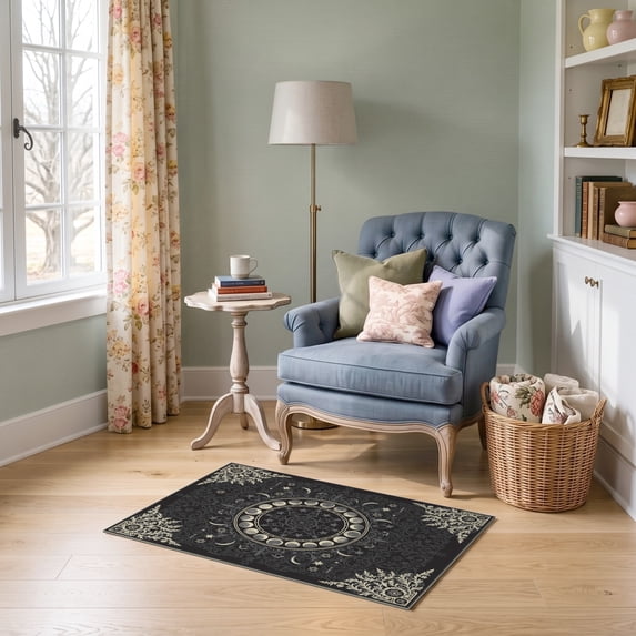 ODIKA 2'x3' Ultra-Soft Accent Mat, Gothic Witchy Haul Occult Symmetrical Ornament Corridor Grey None Washable, Bare feet friendly, Easy Care Indoor rug for Bedside, Footrest