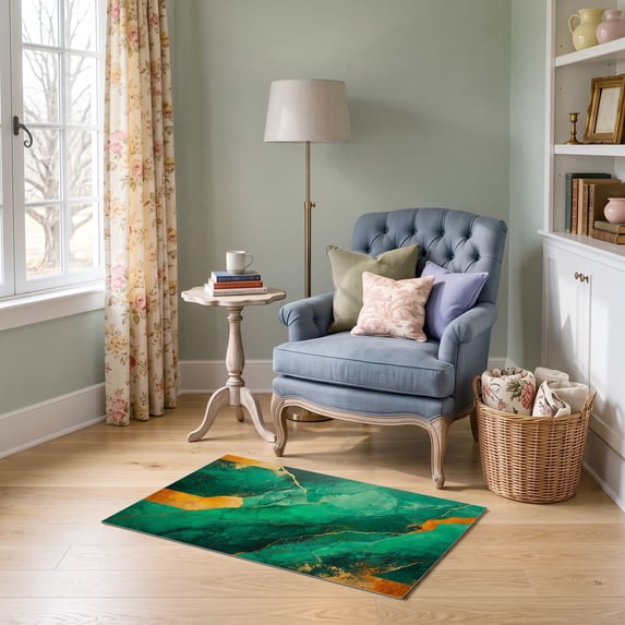 ODIKA 2'x3' Ultra-Soft Accent Mat, Green Orange Abstract Conference Design Vivid Marble with Dynamic Veins Washable, Bare feet friendly, Easy Care Indoor rug for Bedside, Footrest