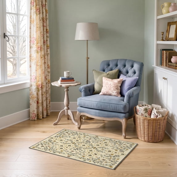 ODIKA 2'x3' Ultra-Soft Accent Mat, Honeycomb Motif Farmhouse Botanical Border Distressed Vintage Flowing Dynamic None Washable, Bare feet friendly, Easy Care Indoor rug for Bedside, Footrest