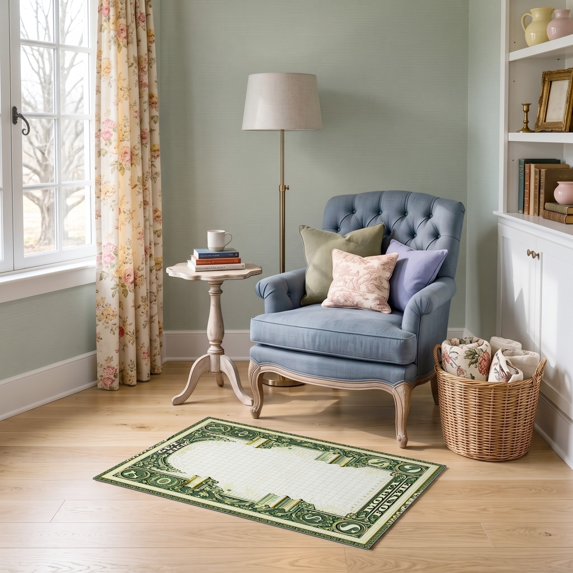 ODIKA 2'x3' Ultra-Soft Accent Mat, Interlocking Mosaic Funky Currency Note Bold Border Collage Motif None Washable, Bare feet friendly, Easy Care Indoor rug for Bedside, Footrest