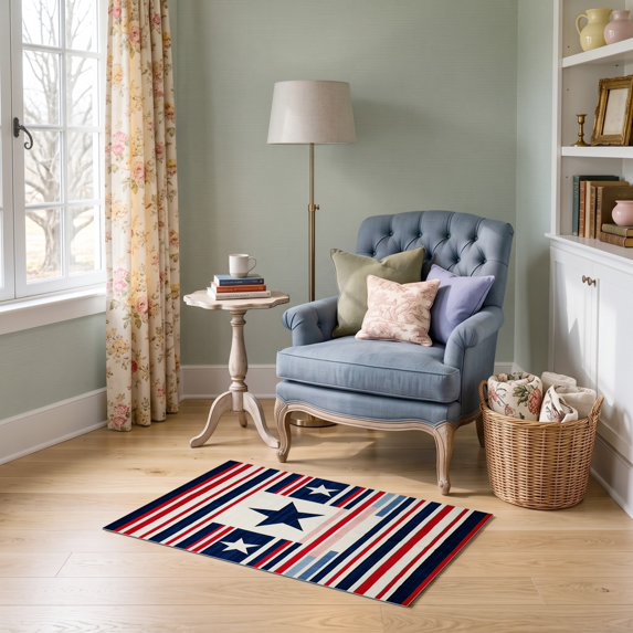 ODIKA 2'x3' Ultra-Soft Accent Mat, July Independence Fourth Stripe Decorative Covering Patriotic None Washable, Bare feet friendly, Easy Care Indoor rug for Bedside, Footrest