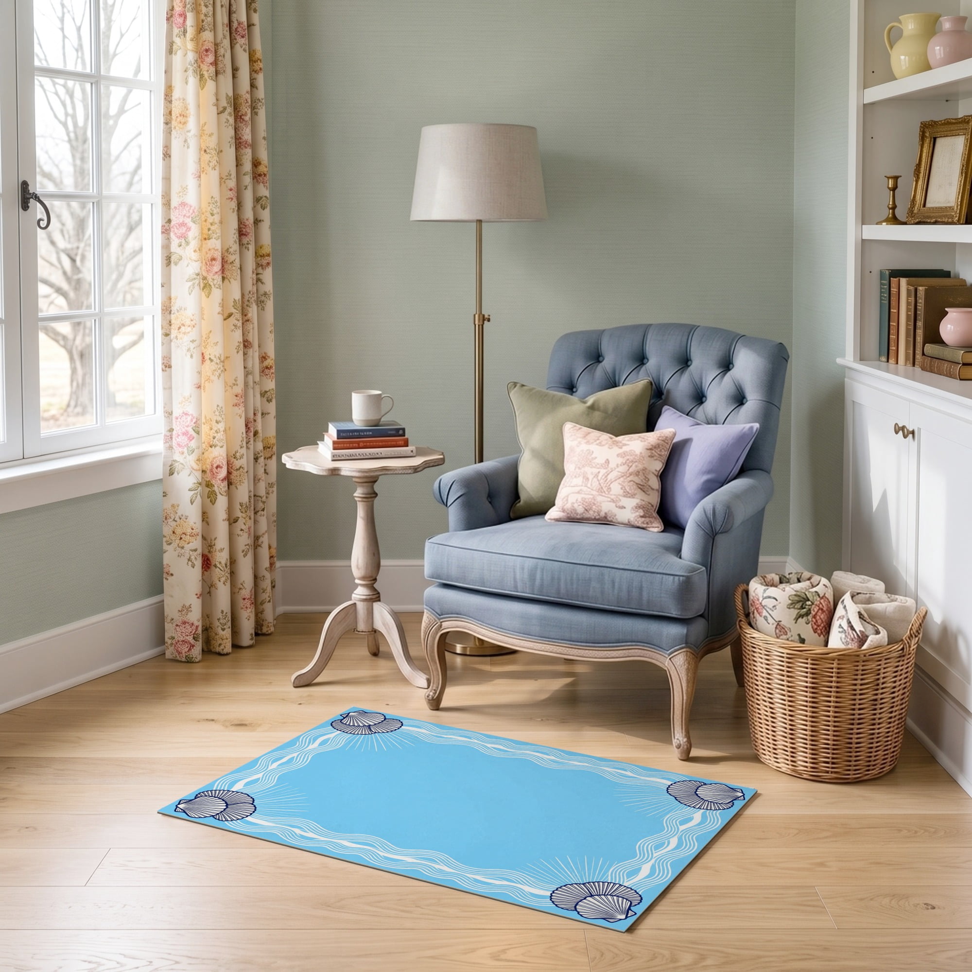 Shell Border Rug ODIKA 2'x3' Ultra-Soft Accent Mat, Light Blue Front Striped Layered ...