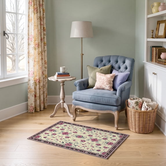 ODIKA 2'x3' Ultra-Soft Accent Mat, Mauve Damask Vintage Scroll Trellis Border Distressed Faded Boho None Washable, Bare feet friendly, Easy Care Indoor rug for Bedside, Footrest