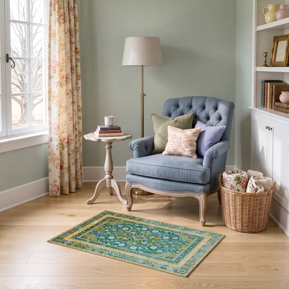 ODIKA 2'x3' Ultra-Soft Accent Mat, Mid Geometric Century Interlocking Shapes Abstract Hallway Teal None Washable, Bare feet friendly, Easy Care Indoor rug for Bedside, Footrest