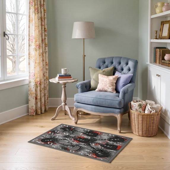 ODIKA 2'x3' Ultra-Soft Accent Mat, Music Notes Rock Grunge Hip Vintage Distressed Border Guitar Flowing Dynamic None Washable, Bare feet friendly, Easy Care Indoor rug for Bedside, Footrest