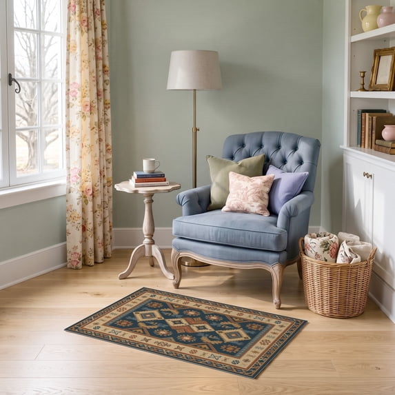 Beige Border Rug ODIKA 2'x3' Ultra-Soft Accent Mat, Navy Beige Geometric Symmetry ...