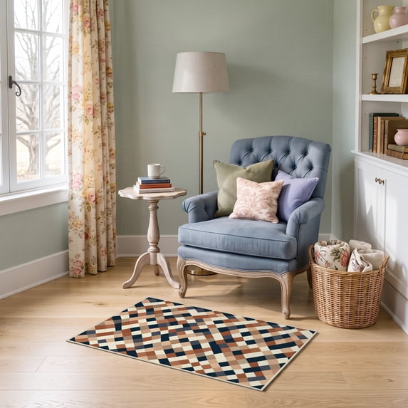 ODIKA 2'x3' Ultra-Soft Accent Mat, Navy Interlocking Long Shapes Abstract Symmetrical Accessories None Washable, Bare feet friendly, Easy Care Indoor rug for Bedside, Footrest