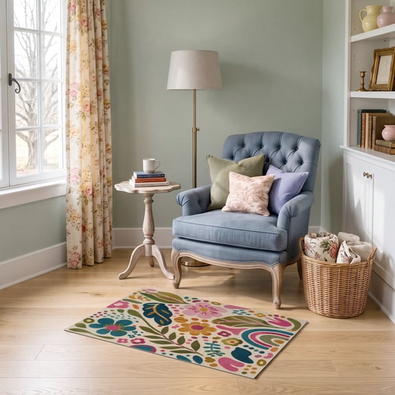 ODIKA 2'x3' Ultra-Soft Accent Mat, Pastel Floral Whimsy Artistic Design Vibrant Botanical With Playful Modern Twist Washable, Bare feet friendly, Easy Care Indoor rug for Bedside, Footrest