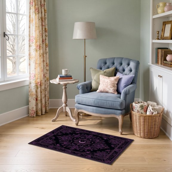 ODIKA 2'x3' Ultra-Soft Accent Mat, Purple Gothic Whimsigoth Magenta Design Vintage Floral Medallion with Celestial Motif Washable, Bare feet friendly, Easy Care Indoor rug for Bedside, Footrest